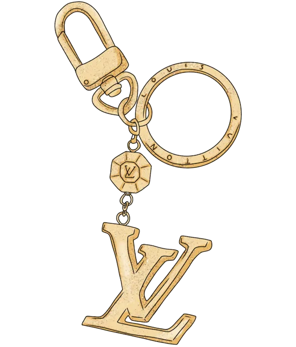Goldfarbener Schlüsselanhänger mit dem ikonischen LV-Logo und Ringaufschrift „Louis Vuitton“.