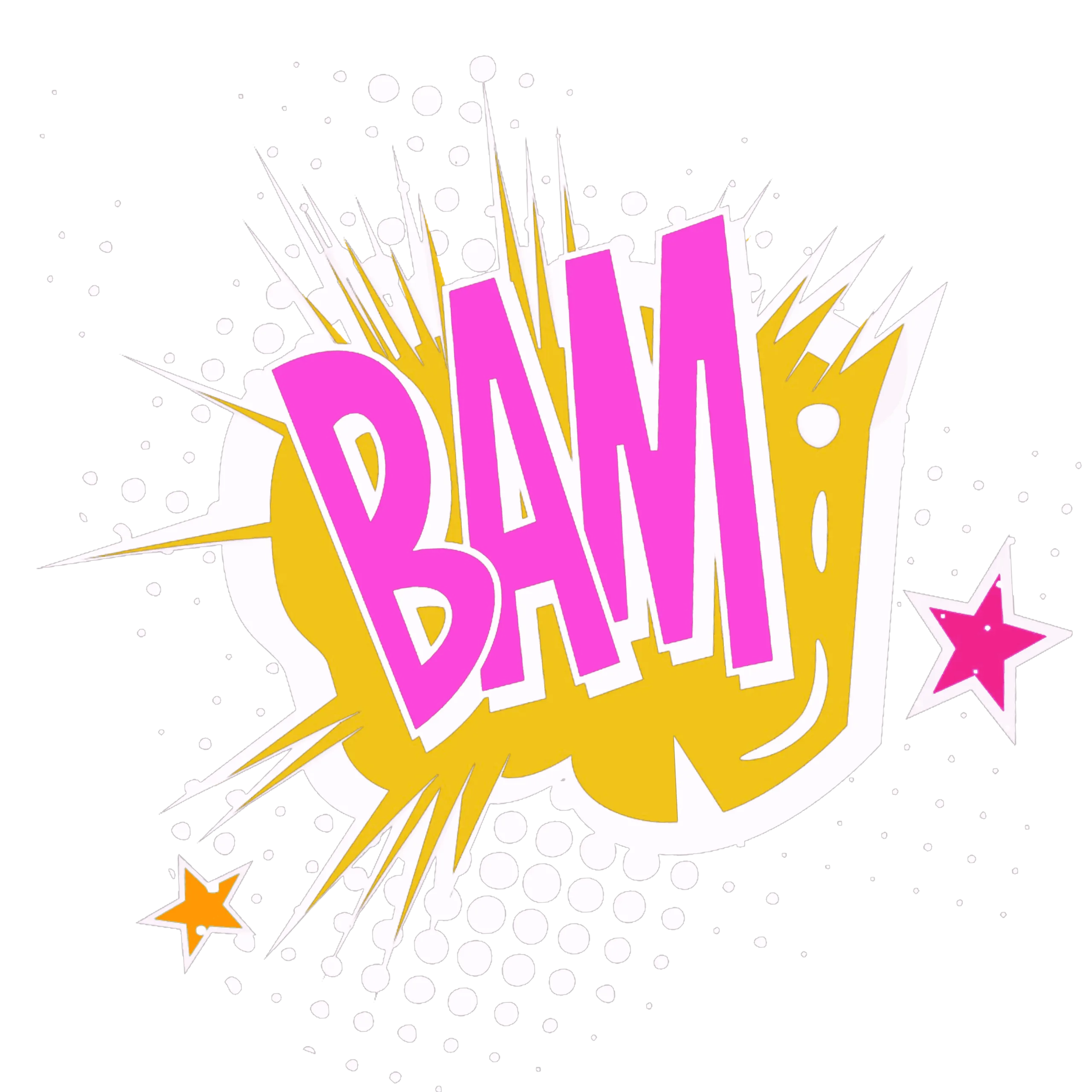Pop-Art-Grafik mit dem Schriftzug „BAM“ in pinken Buchstaben vor einer gelben Explosionsform und weißen Punkten im Comic-Stil. Im Hintergrund schwarze Fläche mit weißen und farbigen Sternen.