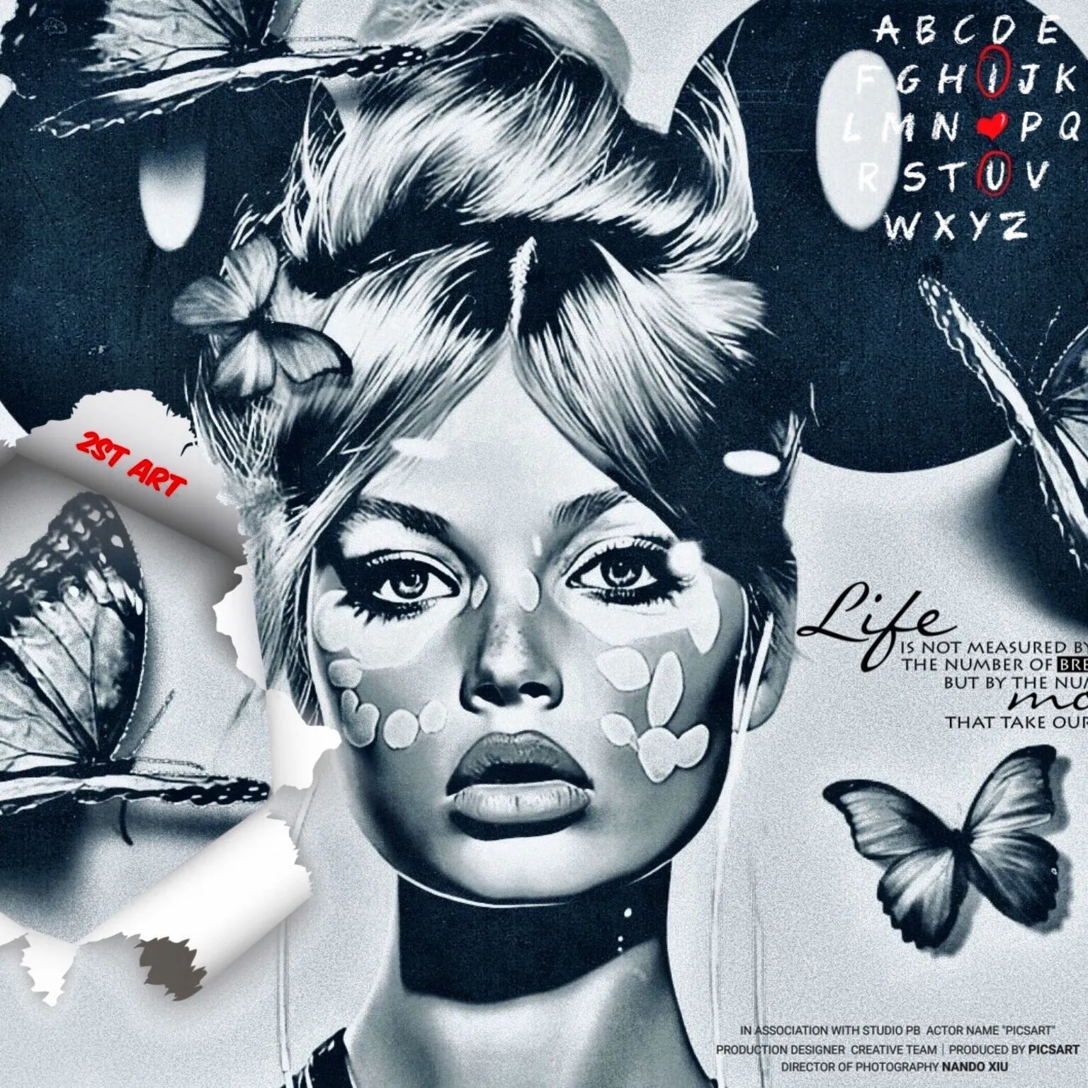 Schwarz-weißes Pop-Art-Porträt einer Frau mit Schmetterlingen und grafischen Elementen, gestaltet von 2ST ART. Mixed-Media-Stil mit surrealem, glamourösem Ausdruck.