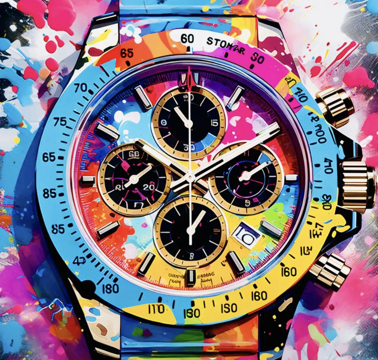 Pop-Art-Darstellung einer luxuriösen Armbanduhr in kräftigen Farben. Das Zifferblatt zeigt bunte Farbkleckse in Blau, Pink, Gelb und Orange, kombiniert mit goldenen Details und schwarzen Chronographen. Dynamisches Mixed-Media-Design im Stil von 2ST ART.