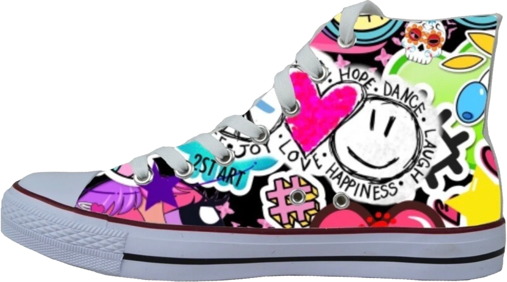 Weißer Sneaker mit bunten Pop-Art-Graffitis, Symbolen und Schriftzügen im Stil von Stefanie Pappe-Stellbrink