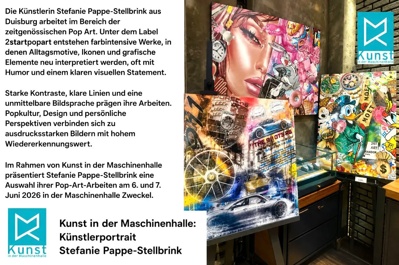 Veranstaltungsanküdogung - Im Rahmen von Kunst in der Maschinenhalle präsentiert Stefanie Pappe-Stellbrink eine Auswahl ihrer Pop-Art-Arbeiten am 6. und 7. Juni 2026 in der Maschinenhalle Zweckel.